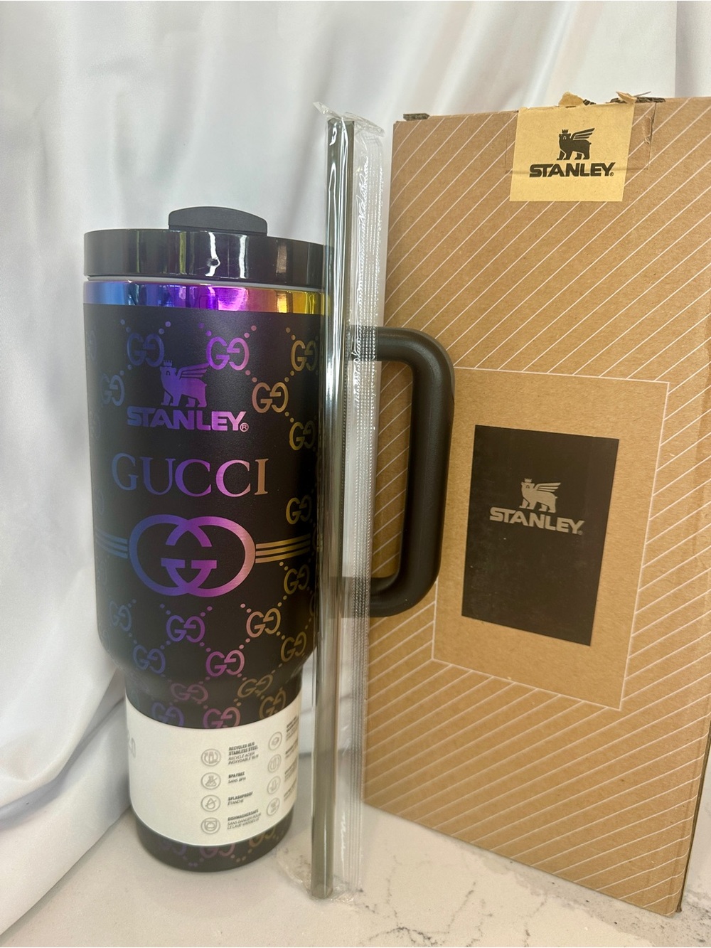 Stanley Matte Black Tumbler with Iridescent Rainbow Accents NIB